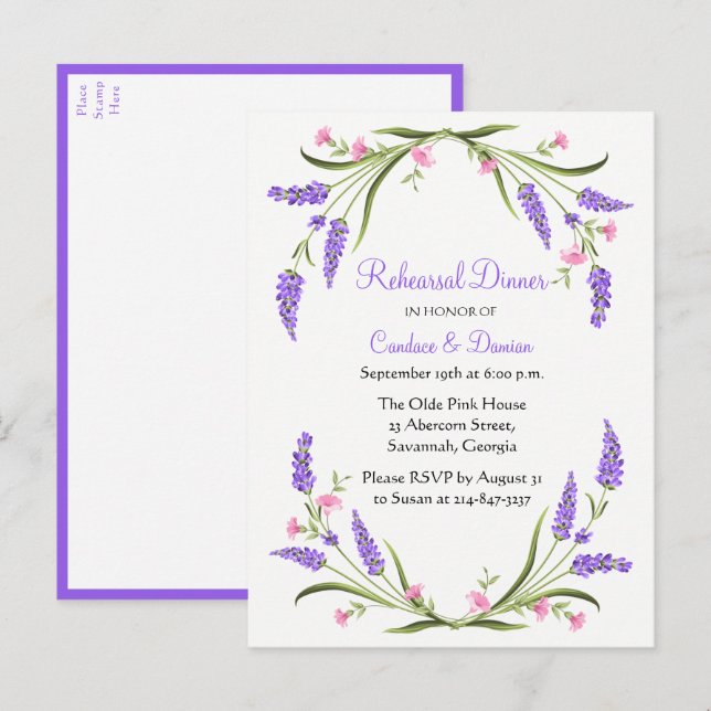 Invitation Carte Postale Lilacs Purple Aquarelle Florale Dîner de répétitio (Devant / Derrière)