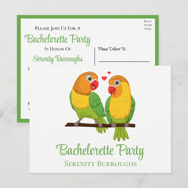 Invitation Carte Postale Lovebird Jaune Vert Inséparables Bachelorette (Devant / Derrière)