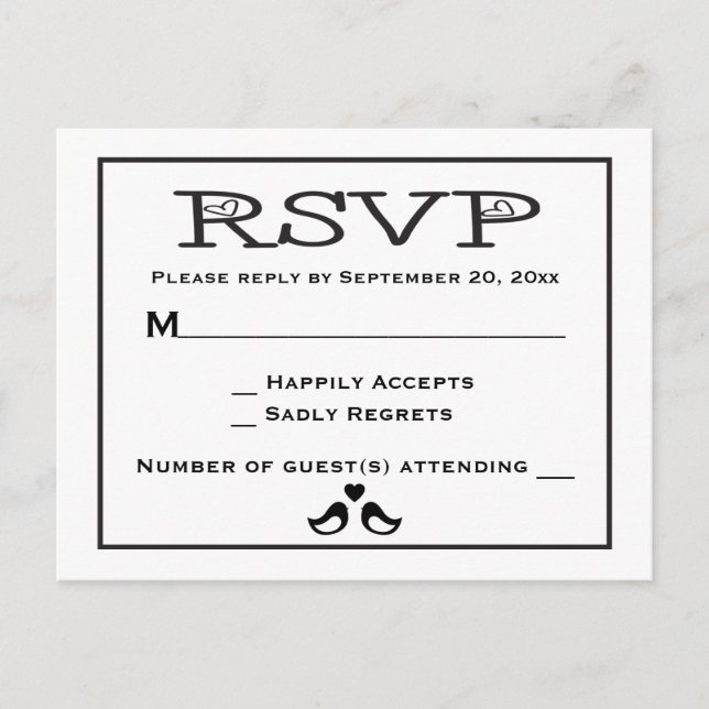 Invitation Carte Postale Lovebirds RSVP Mariage noir et blanc (Devant)