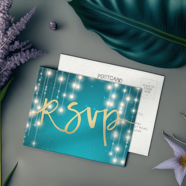 Invitation Carte Postale Lumières Guirlande Bleu Or Texte Réponse RSVP Mari (Créateur téléchargé)