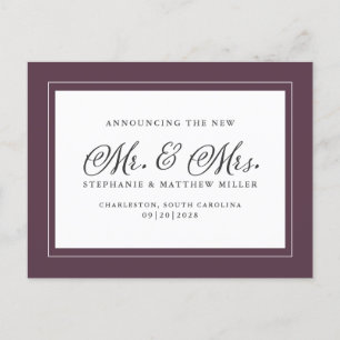Invitation Carte Postale M. & Mme Marié Elopement Violet Élégant