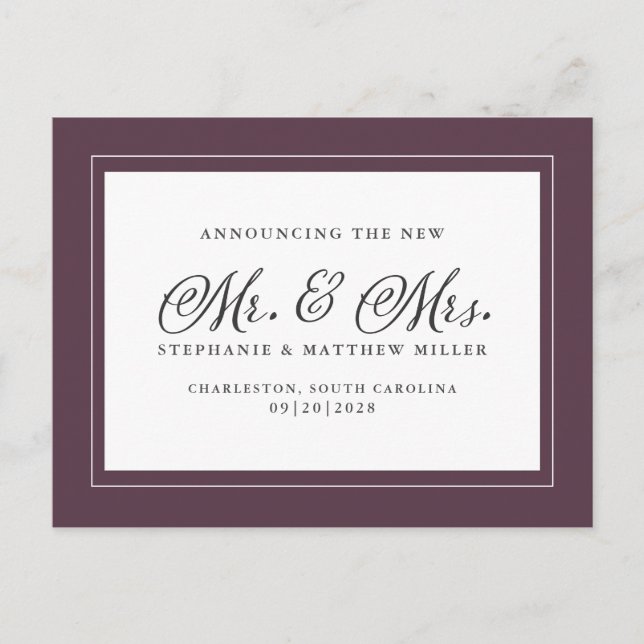 Invitation Carte Postale M. & Mme Marié Elopement Violet Élégant (Devant)