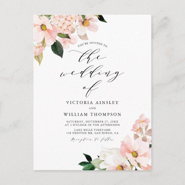 Invitation Carte Postale Magnolias rose pâle et Mariage d'hydrangées (Devant)