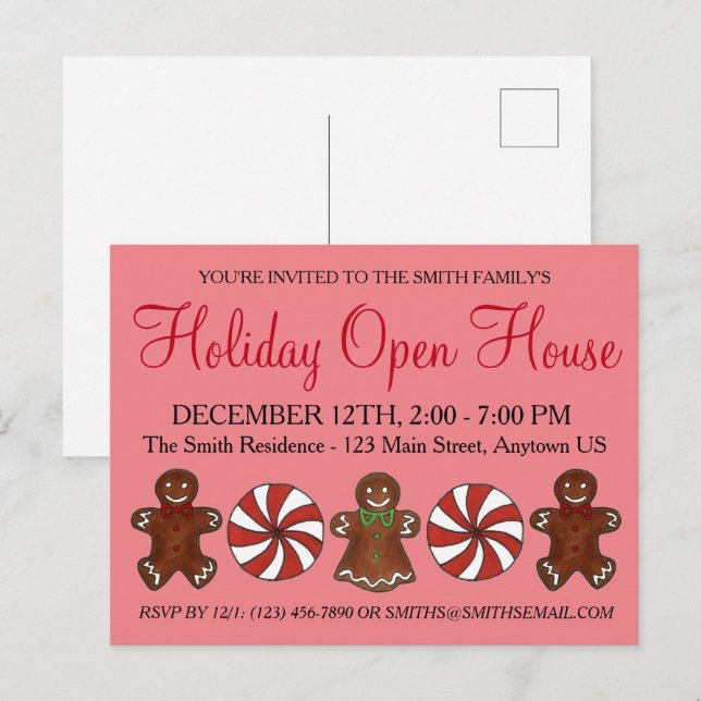 Invitation Carte Postale Maison ouverte pour les fêtes Biscuit au gingembre (Devant / Derrière)