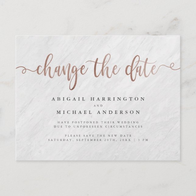 Invitation Carte Postale Marbre Chic & Or Rose écriture modifier la date (Devant)