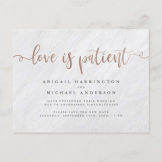 Invitation Carte Postale Marbre et or rose Calligraphie L'amour est patient