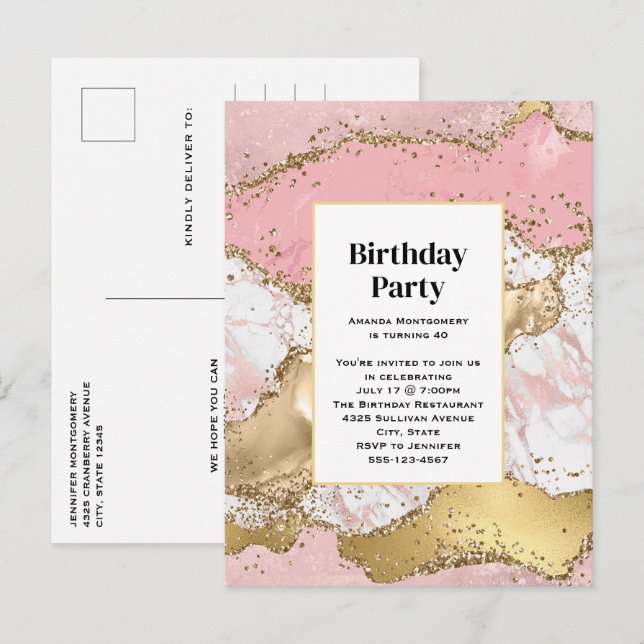 Invitation Carte Postale Marbre rose or Rose de luxe Design Anniversaire (Devant / Derrière)