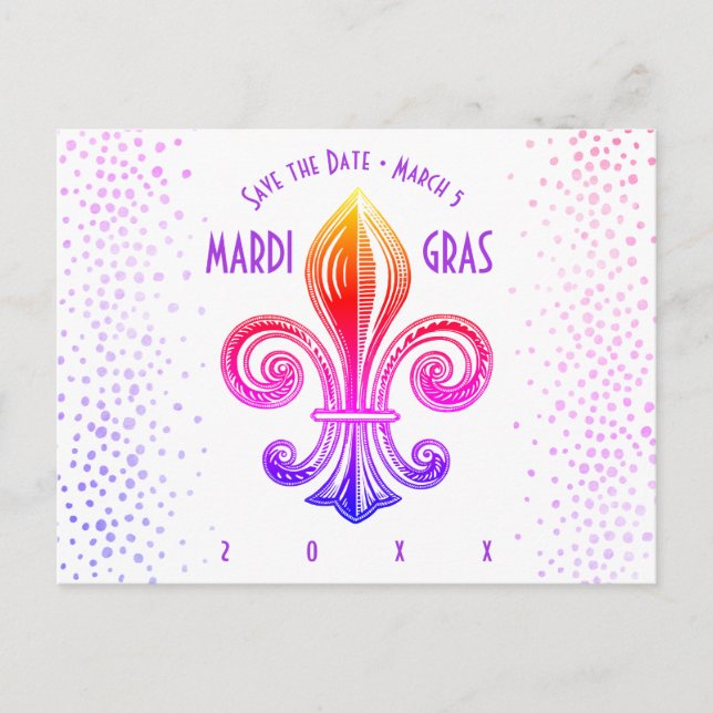 Invitation Carte Postale Mardi Gras Fleur De Lis Rainbow Confetti (Devant)