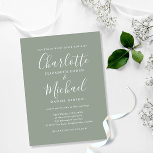Invitation Carte Postale Mariage à l'écriture de signature Vert Sauge