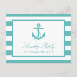 Invitation Carte Postale Mariage Ancre en bande turquoise marine RSVP
