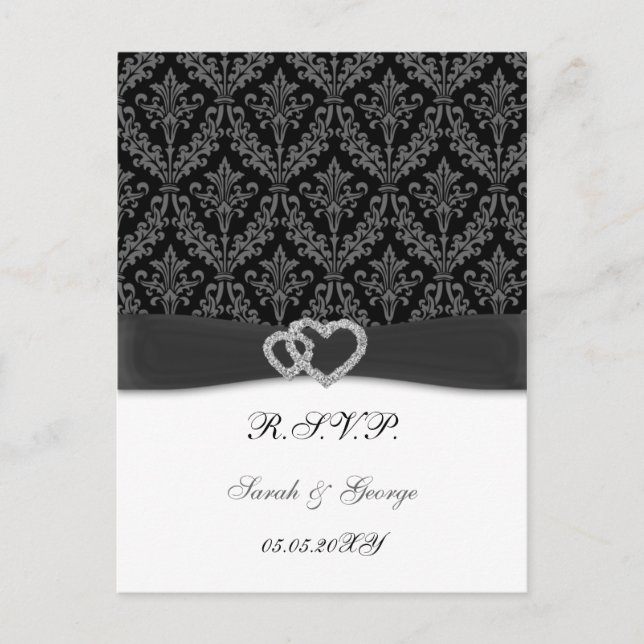 Invitation Carte Postale mariage au charbon de damé diamante RSVP (Devant)