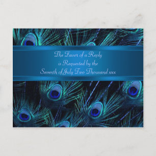 Invitation Carte Postale Mariage aux plumes de paon violet bleu royal