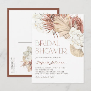 Invitation Carte Postale Mariage Bohème avec Orchidée Blanche et Feuilles d