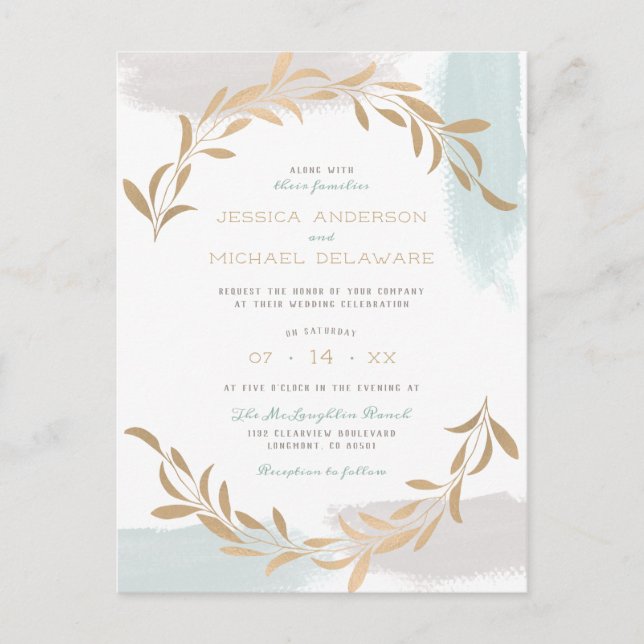 Invitation Carte Postale Mariage botanique brossé bleu et beige Aquarelle (Devant)