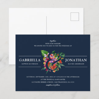 Invitation Carte Postale Mariage Bouquet Tropical Moderne Navy