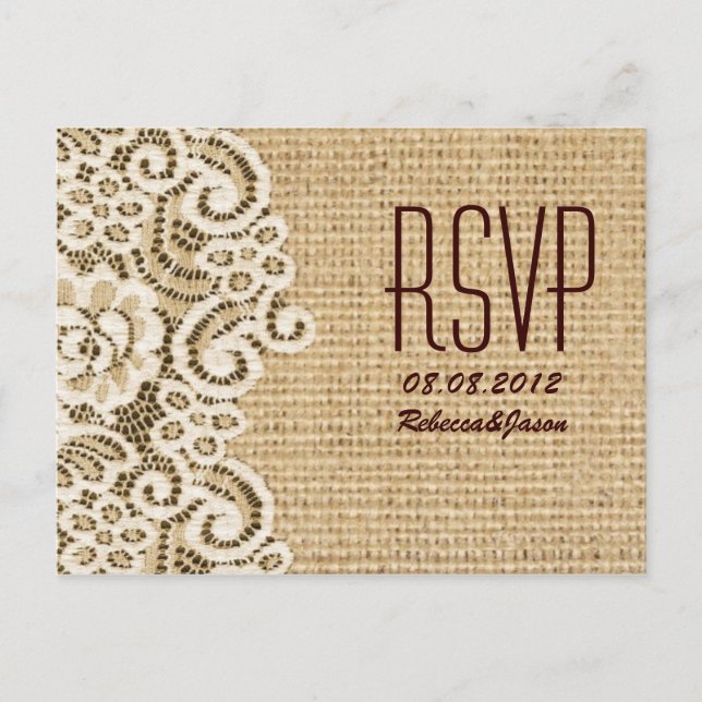 Invitation Carte Postale mariage campagnard en dentelle de burlap rustique  (Devant)