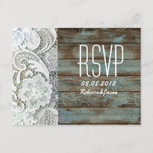 Invitation Carte Postale mariage campagnard en dentelle de grange bleu vint