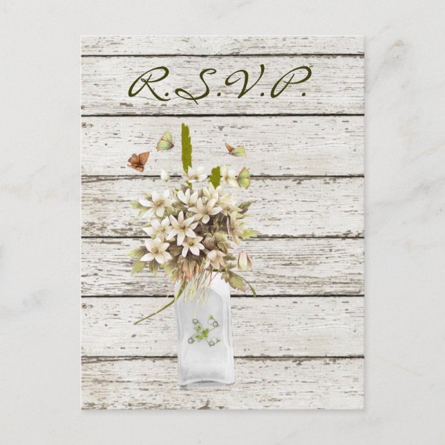 Invitation Carte Postale mariage campagnard fleur sauvage en bois blanc (Devant)