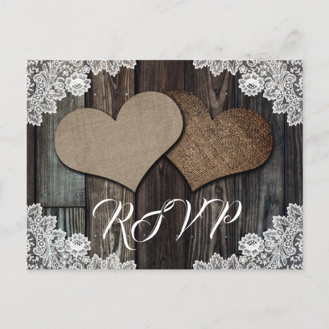Invitation Carte Postale Mariage champêtre rustique en bois avec dentelle e (Devant)