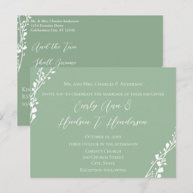 Invitation Carte Postale Mariage chrétien Floral Vert et Bleu (Devant / Derrière)