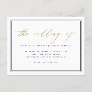 Invitation Carte Postale Mariage classique de scénario bleu et or de marine