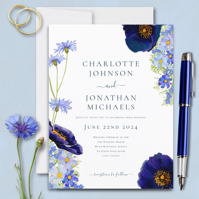 Invitation Carte Postale Mariage d'aquarelle Fleur sauvage bleu moderne (Boho chic blue wildflower budget wedding invitation postcard )