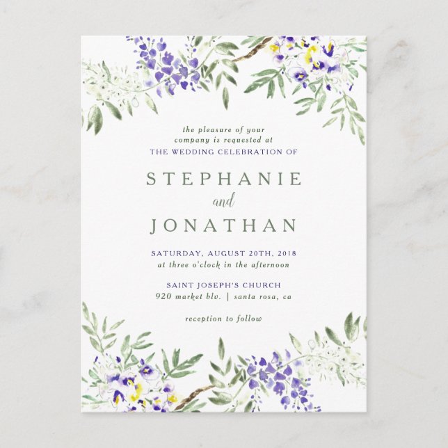 Invitation Carte Postale Mariage de couronnes florales à la Wisteria (Devant)