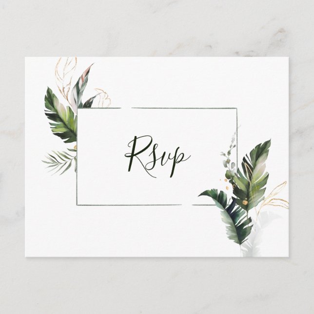 Invitation Carte Postale Mariage de feuillage d'aquarelle tropicale RSVP (Devant)