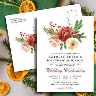 Invitation Carte Postale Mariage de feuillage de Pin Floral Terracotta