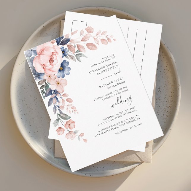 Invitation Carte Postale Mariage de fleurs végétales rose moderne (Blush Pink Floral Watercolor Script Wedding Invitation Postcard)