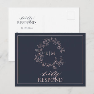 Invitation Carte Postale Mariage de Monogramme rose bleu marine RSVP