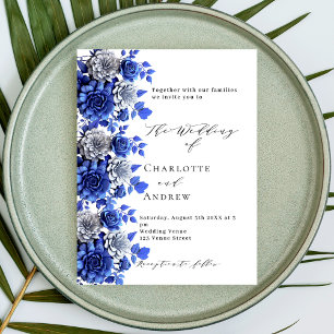 Invitation Carte Postale Mariage de script bleu floral blanc