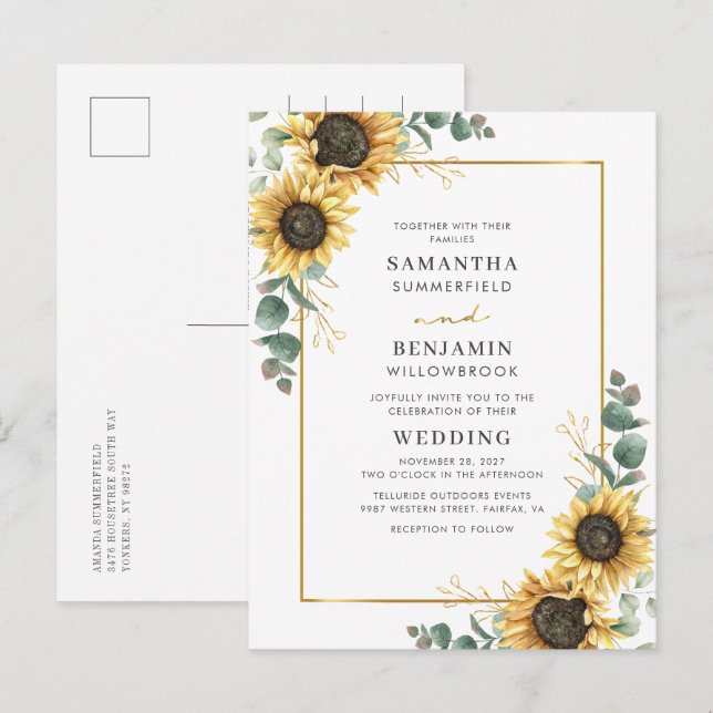 Invitation Carte Postale Mariage de tournesol floral Eucalyptus (Devant / Derrière)