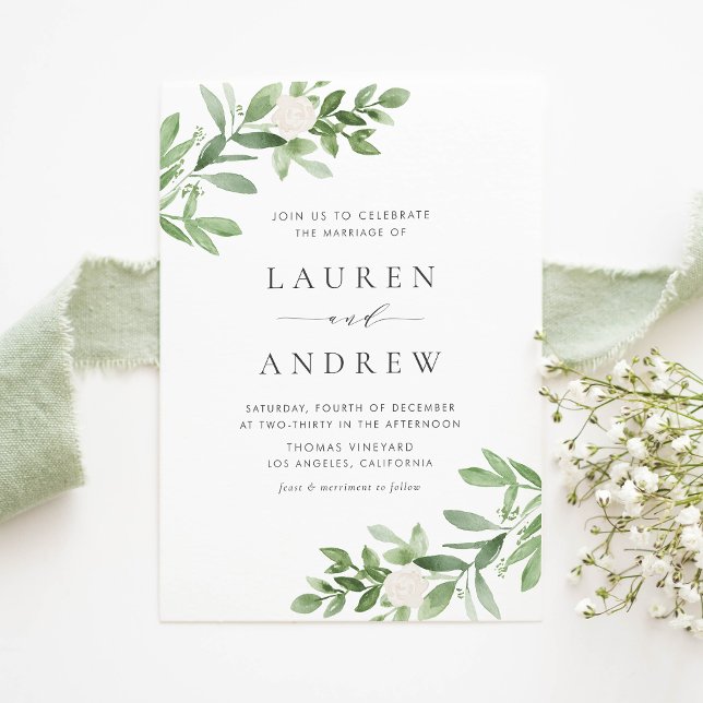 Invitation Carte Postale Mariage de verdure romantique et de fleurs blanche (Romantic Greenery and White Flowers Wedding Invitation Postcard)