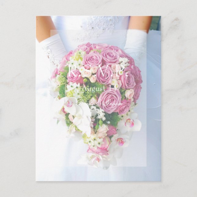 Invitation Carte Postale Mariage dentelle blanche et bouquet de fleurs RSVP (Devant)