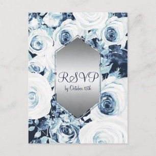 Invitation Carte Postale Mariage d'hiver bleu blanc argenté Élégant RSVP