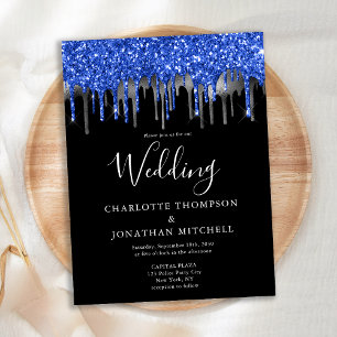 Invitation Carte Postale Mariage élégant Black Blue Silver Parties scintill