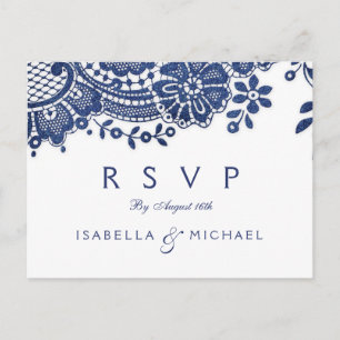 Invitation Carte Postale Mariage en dentelle vintage bleu et blanc