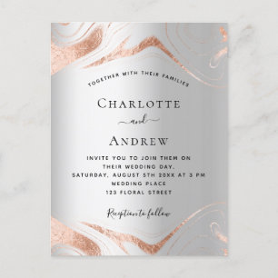 Invitation Carte Postale Mariage en marbre d'or rose argent