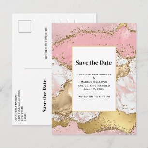 Invitation Carte Postale Mariage en marbre rose or Rose de luxe Enregistrer