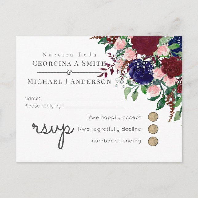 Invitation Carte Postale Mariage Enchanté Marsala Bleu Marine Rose (Devant)
