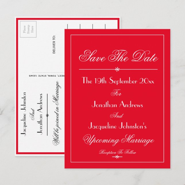 Invitation Carte Postale Mariage Enregistrer La Date Élégant Chic Rouge (Devant / Derrière)