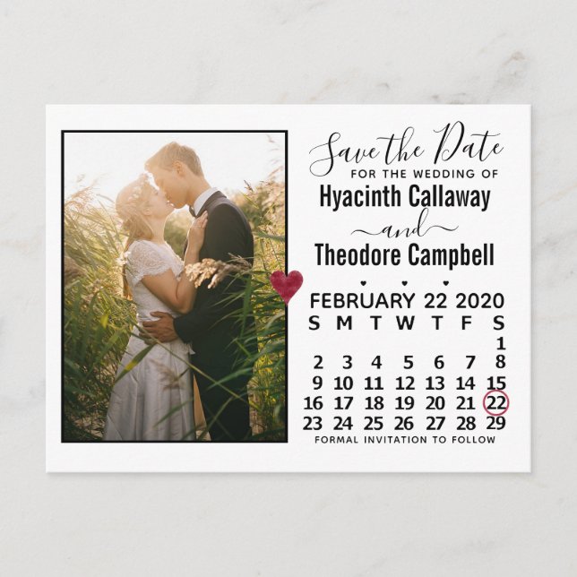 Invitation Carte Postale Mariage Enregistrer la date Février 2020 Calendrie (Devant)