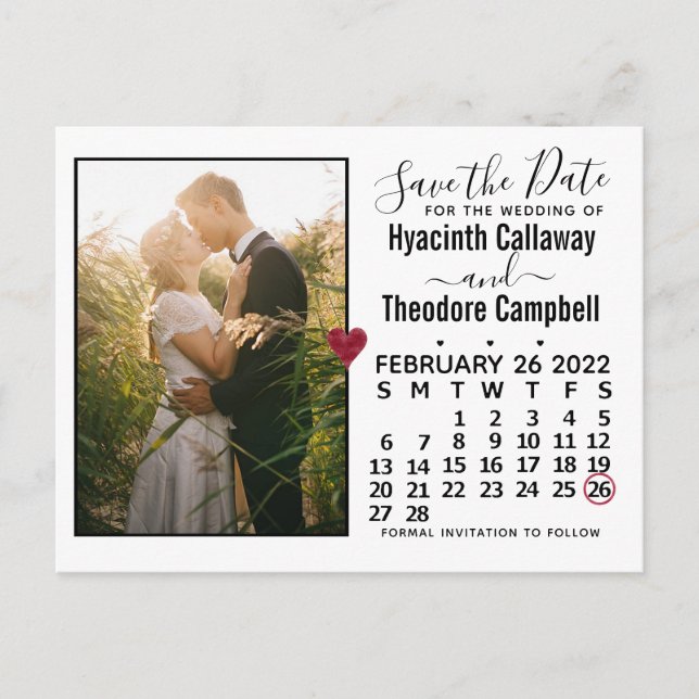 Invitation Carte Postale Mariage Enregistrer la date Février 2022 Calendrie (Devant)