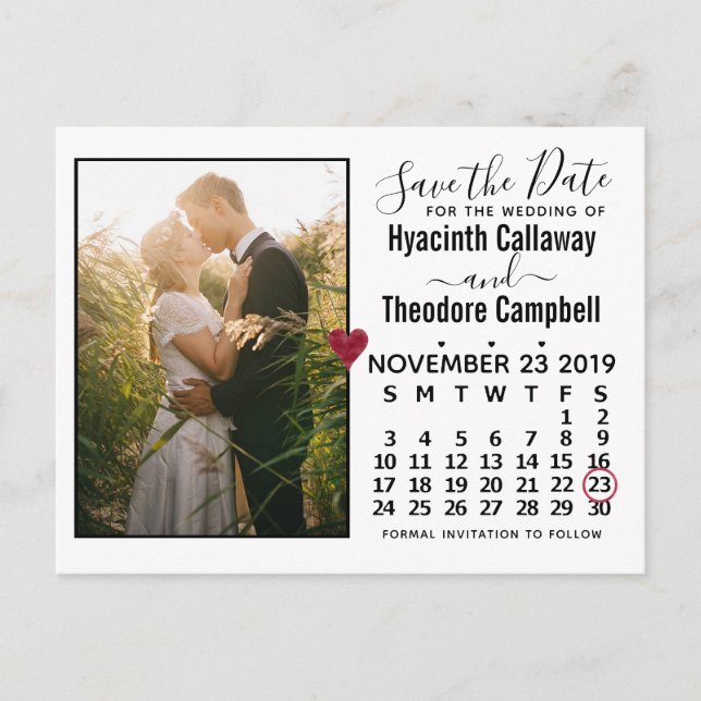 Invitation Carte Postale Mariage Enregistrer la date Novembre 2019 Calendri (Devant)