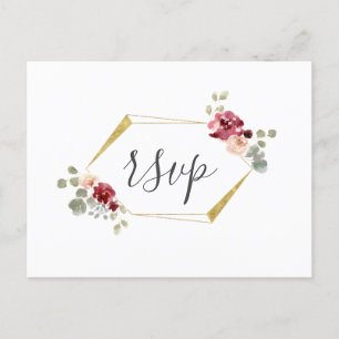 Invitation Carte Postale Mariage Eucalyptus aux fleurs bordeaux géométrique