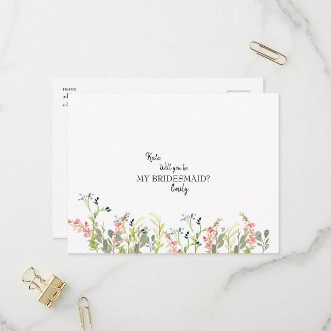 Invitation Carte Postale Mariage fleur sauvage Serez-Vous Mon Bridesmaid In (Devant/Arrière en situation)