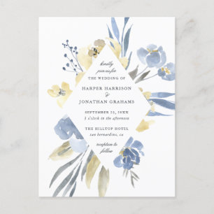 Invitation Carte Postale Mariage floral bleu et jaune Dusty