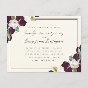 Invitation Carte Postale Mariage floral chic élégant violet profond et ivoi