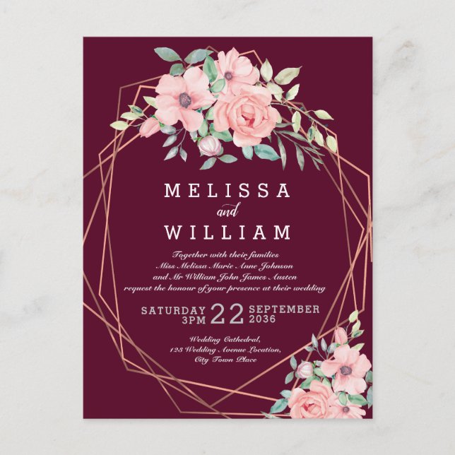 Invitation Carte Postale Mariage floral de cuivre géométrique Marsala (Devant)